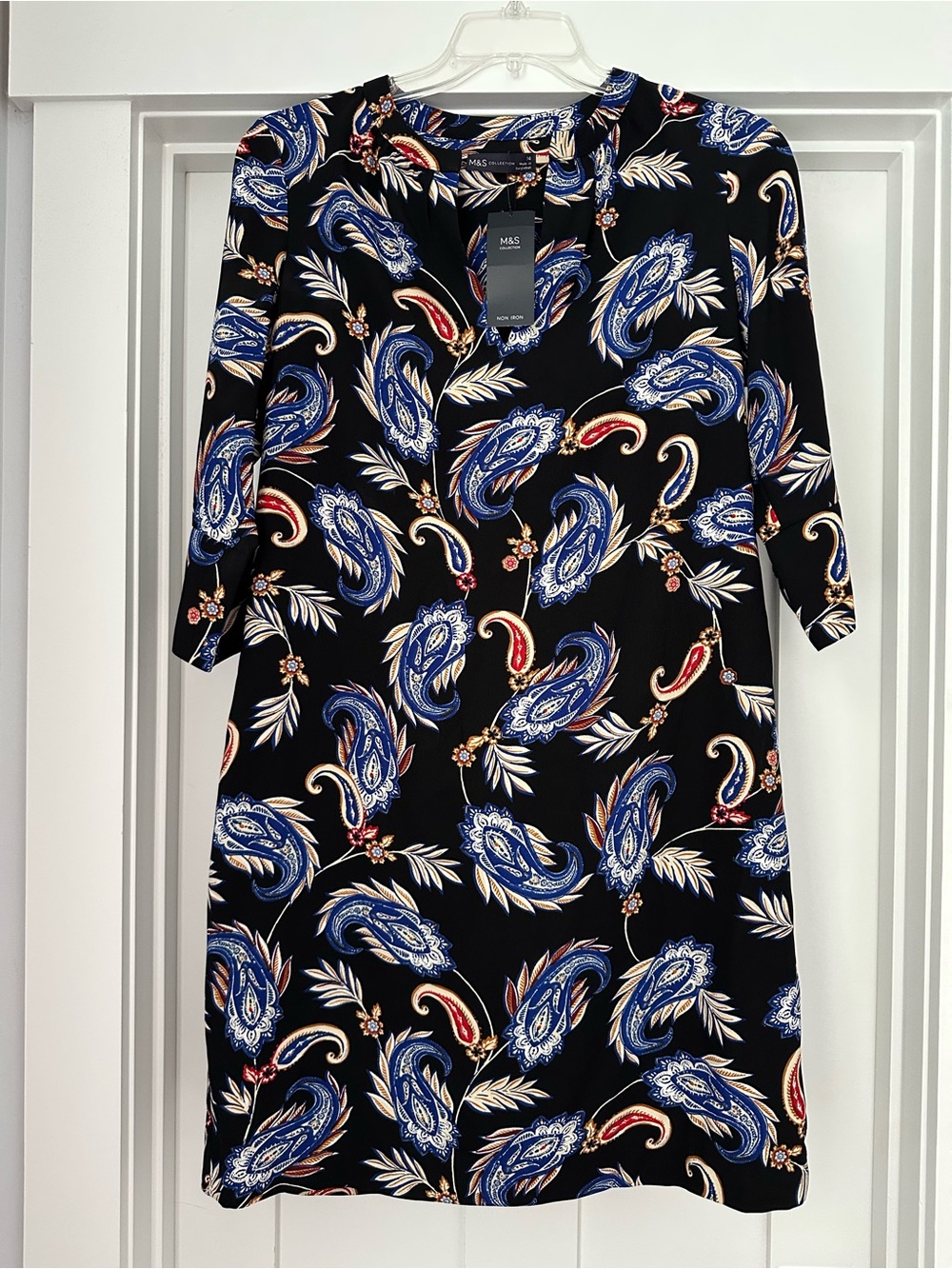 Black Paisley Shift Dress with Blue & Red Accents